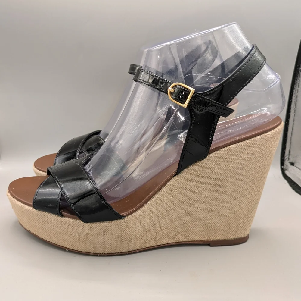 J.Crew LILA Black Patent Leather Strappy Platform Wedge Sandals Made in Italy 9